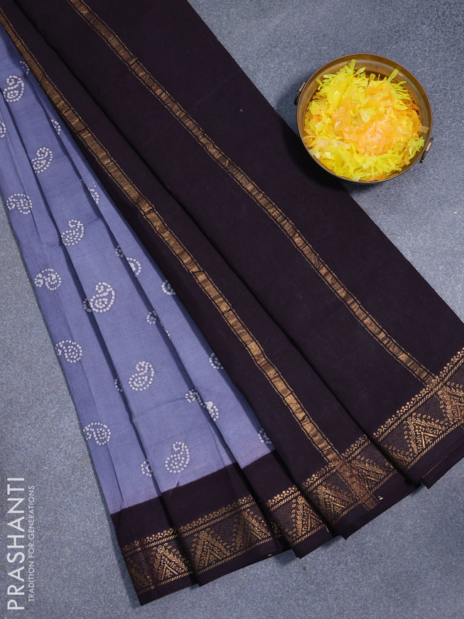 Sungudi cotton saree grey shade and deep jamun shade with paisley butta prints and zari woven border without blouse