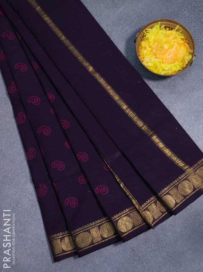 Sungudi cotton saree deep violet with paisley butta prints and zari woven border without blouse