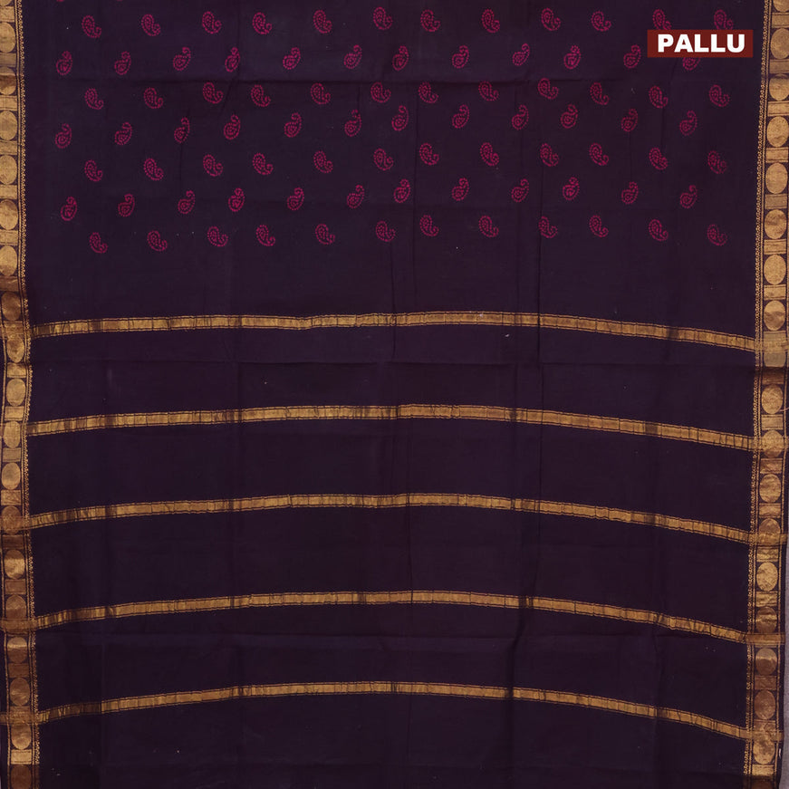 Sungudi cotton saree deep violet with paisley butta prints and zari woven border without blouse