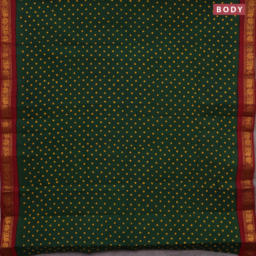 Sungudi cotton saree green and maroon with allover polka dots prints and annam zari woven border without blouse