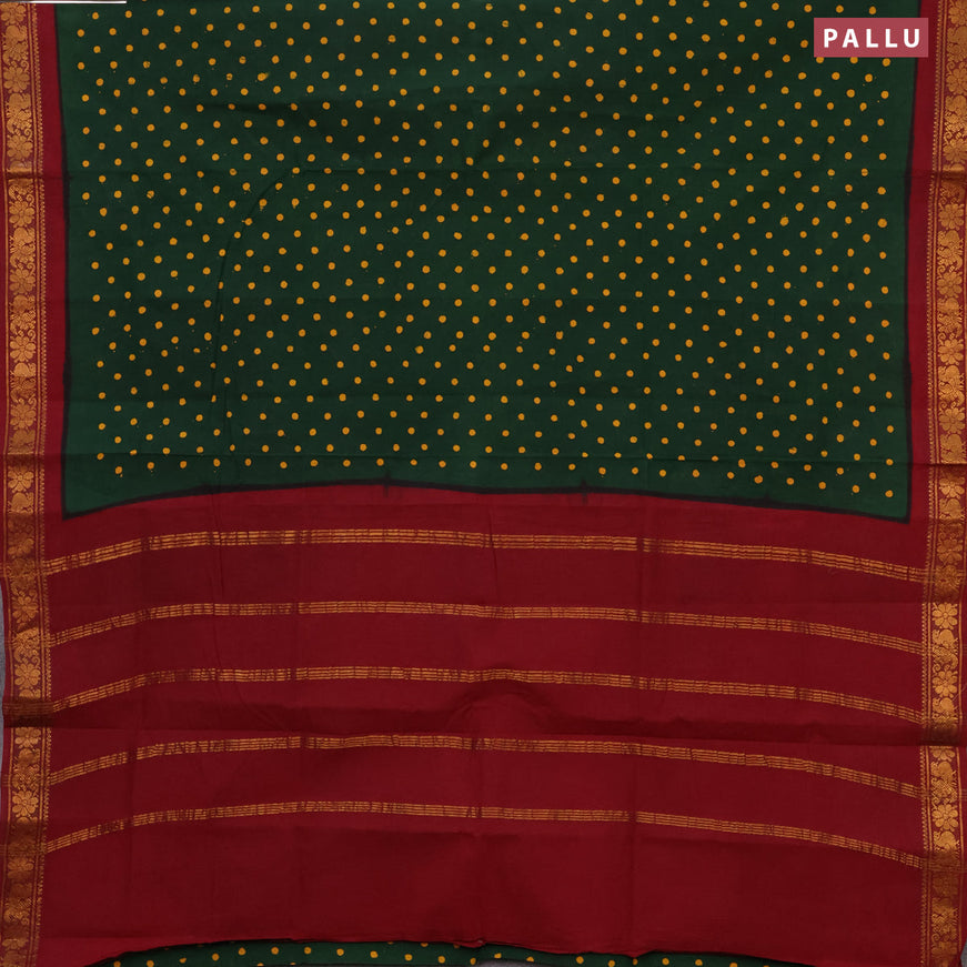 Sungudi cotton saree green and maroon with allover polka dots prints and annam zari woven border without blouse