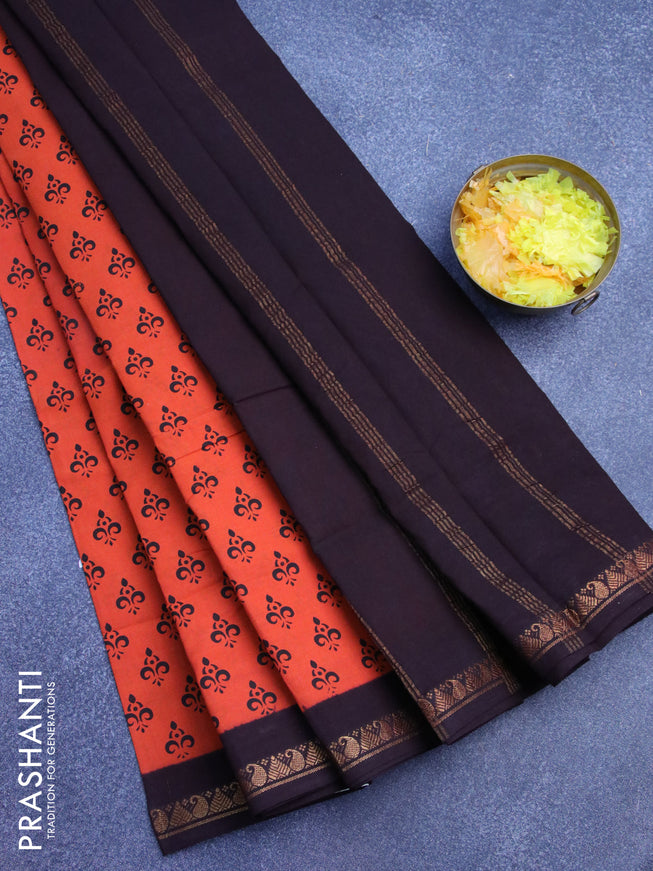 Sungudi cotton saree orange and deep coffee brown with allover butta prints and zari woven border without blouse