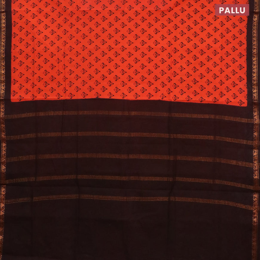 Sungudi cotton saree orange and deep coffee brown with allover butta prints and zari woven border without blouse