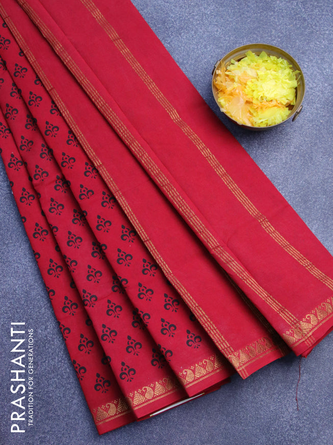 Sungudi cotton saree red with allover butta prints and zari woven border without blouse