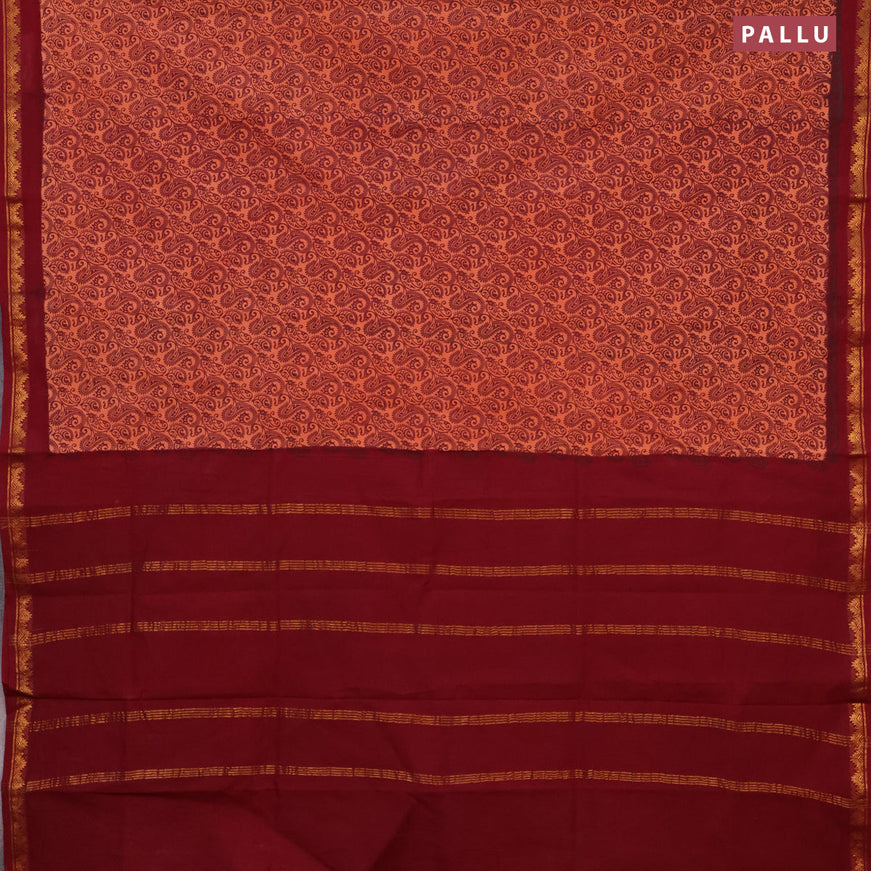 Sungudi cotton saree peach orange and maroon with allover paisley prints and temple design zari woven border without blouse