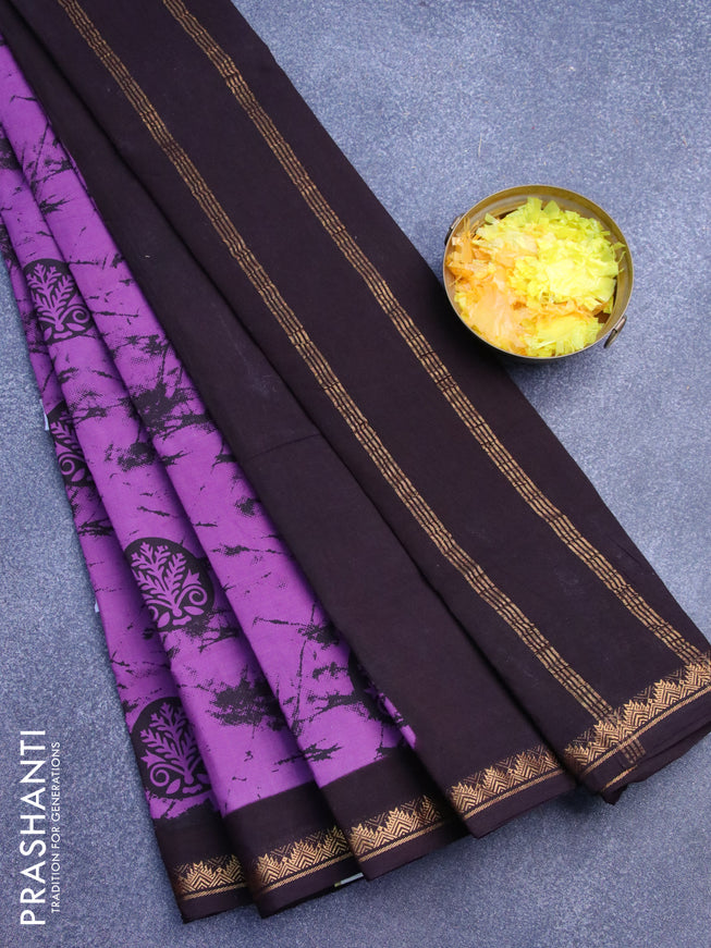 Sungudi cotton saree purple and coffee brown with allover prints and temple design zari woven border without blouse