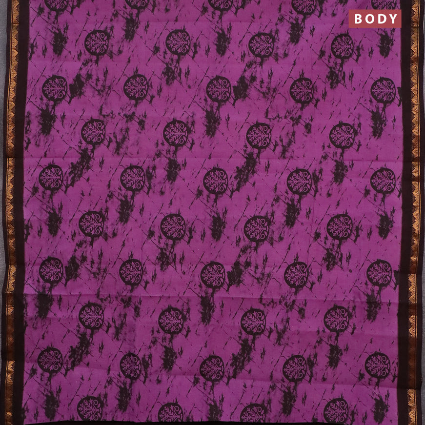 Sungudi cotton saree purple and coffee brown with allover prints and temple design zari woven border without blouse