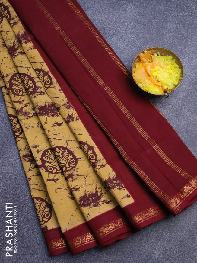 Sungudi cotton saree yellow and maroon with allover prints and temple design zari woven border without blouse