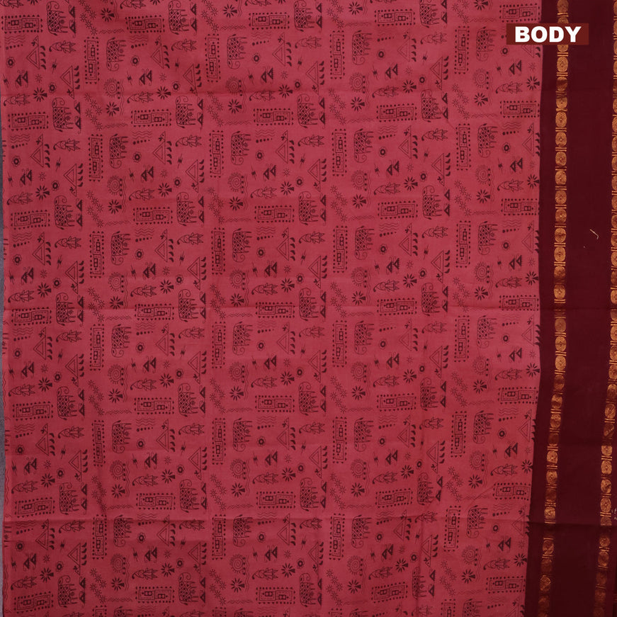 Sungudi cotton saree pastel pink and deep maroon with allover prints and rettapet zari woven border without blouse