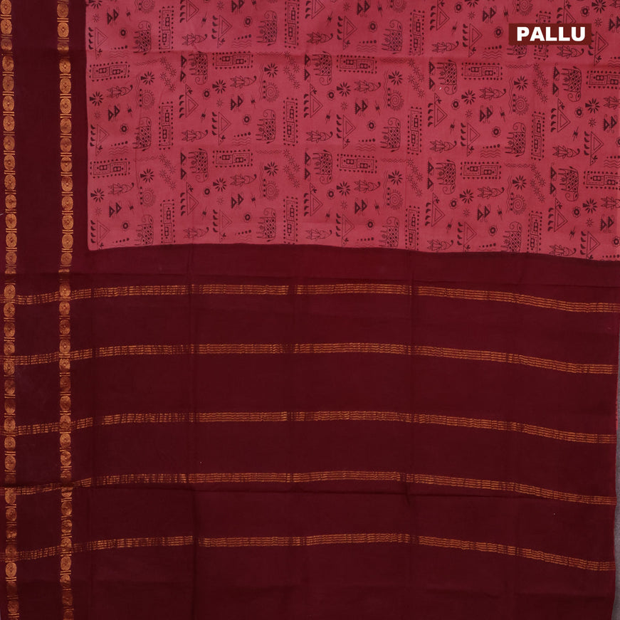 Sungudi cotton saree pastel pink and deep maroon with allover prints and rettapet zari woven border without blouse