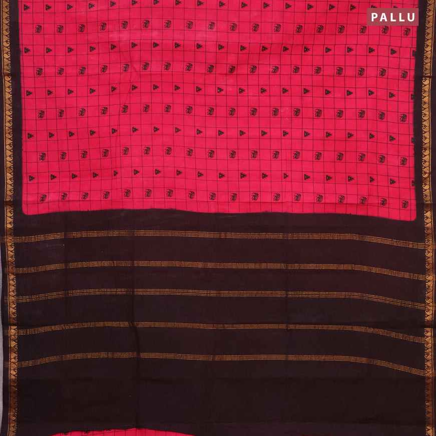 Sungudi cotton saree pink and deep coffee brown with allover checked pattern & butta prints and temple design zari woven border without blouse