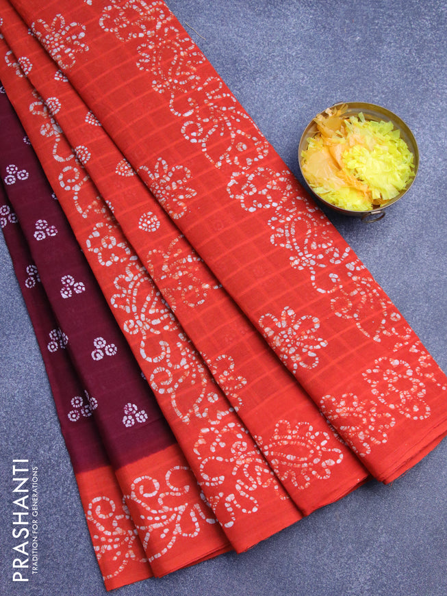 Sungudi cotton saree deep maroon and orange with allover bandhani prints and batik printed border without blouse