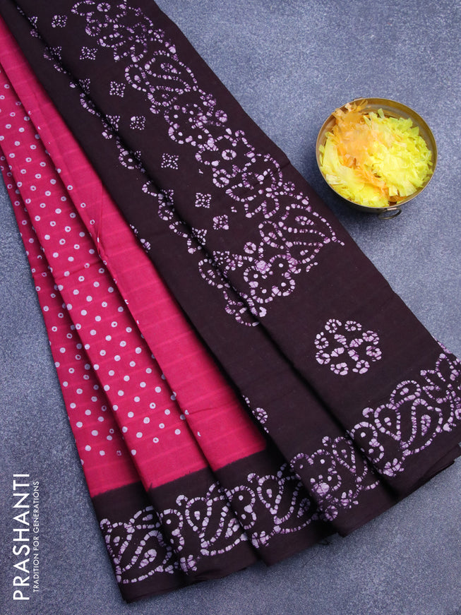 Sungudi cotton saree pink and coffee brown with allover ploka dots prints and batik printed border without blouse