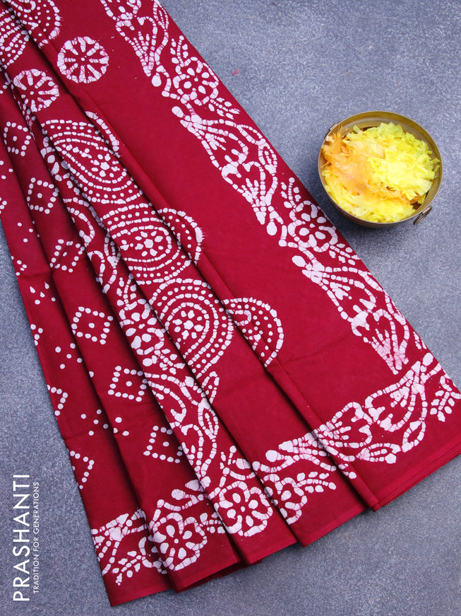 Sungudi cotton saree maroon with allover ploka dots prints and batik printed border without blouse