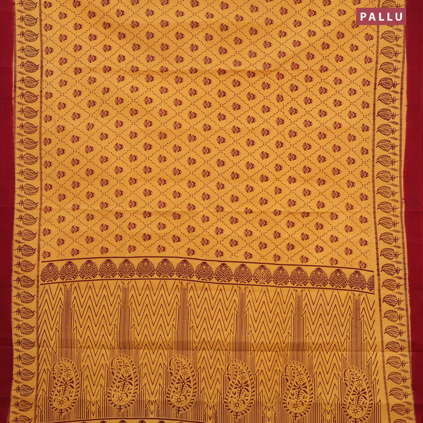 Sungudi cotton saree yellow and maroon with allover prints and simple border without blouse