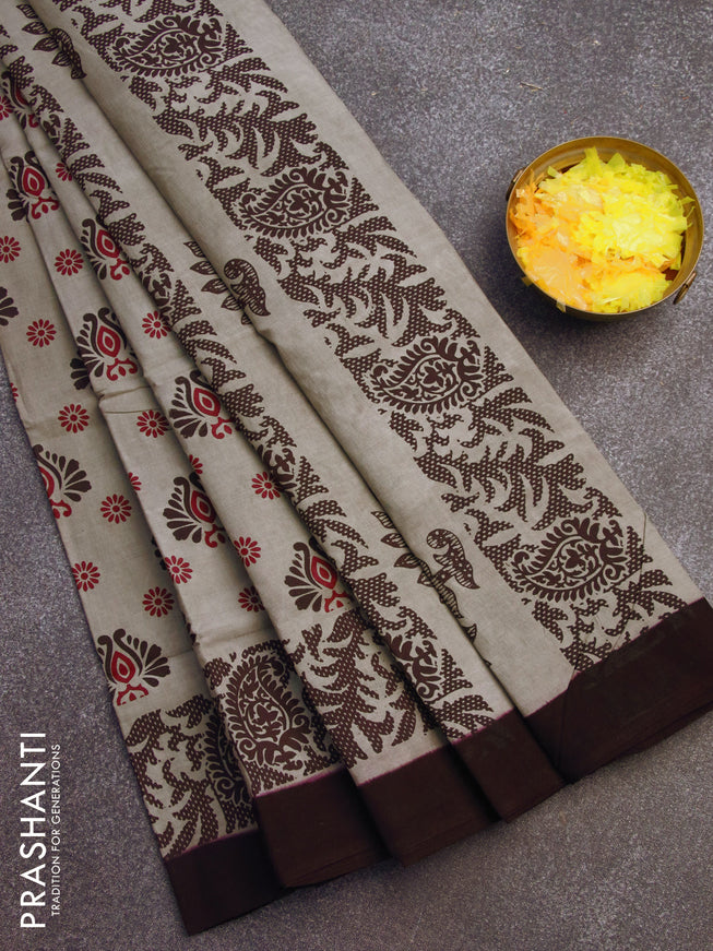 Sungudi cotton saree grey and deep coffee brown with allover prints and simple border without blouse