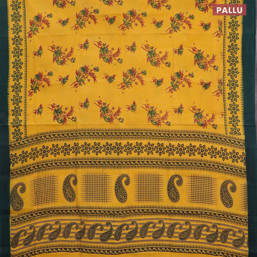 Sungudi cotton saree yellow and green with allover floral prints and simple border without blouse