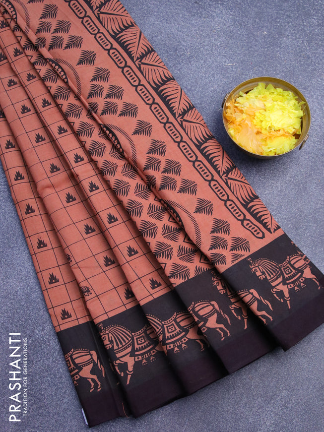 Sungudi cotton saree peach shade and deep jamun shade with allover checked pattern & elephant buttas and printed border without blouse