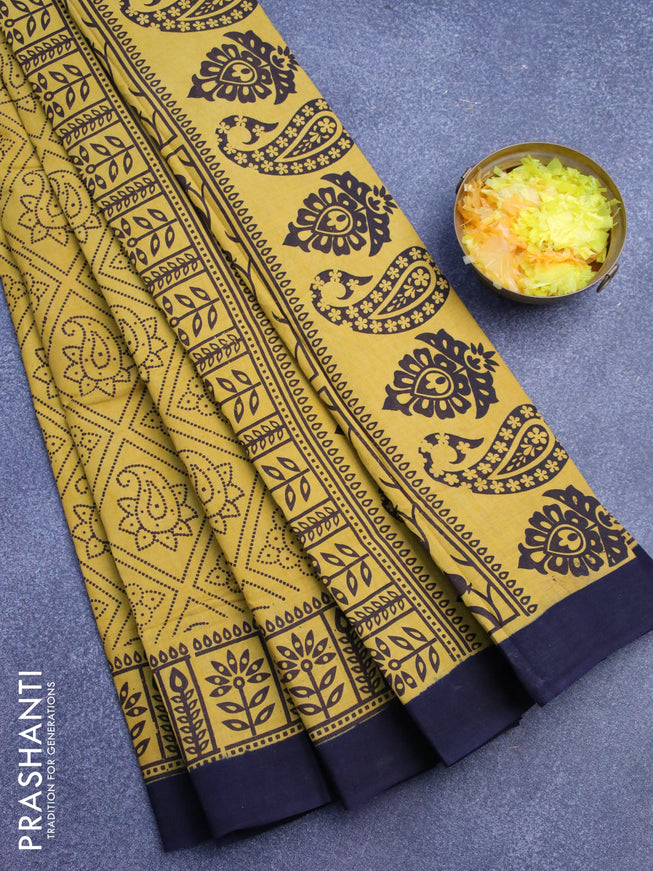 Sungudi cotton saree mustard yellow and navy blue with allover bandhani prints and printed border without blouse