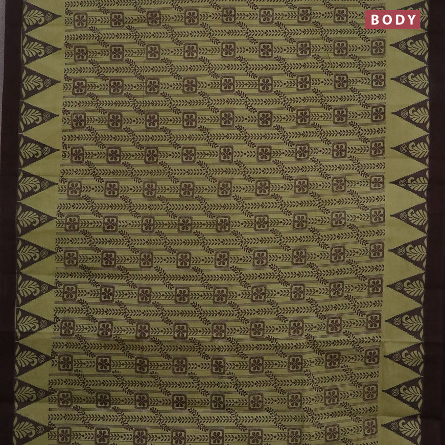 Sungudi cotton saree pastel green and deep coffee brown with allover prints and printed border without blouse