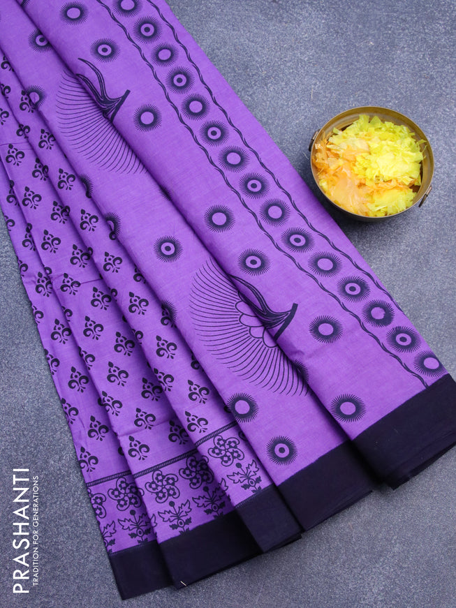 Sungudi cotton saree lavender shade and dark blue with allover butta prints and printed border without blouse