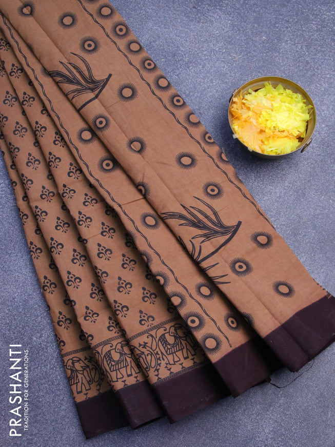 Sungudi cotton saree dark sandal and deep coffee brown with allover butta prints and printed border without blouse