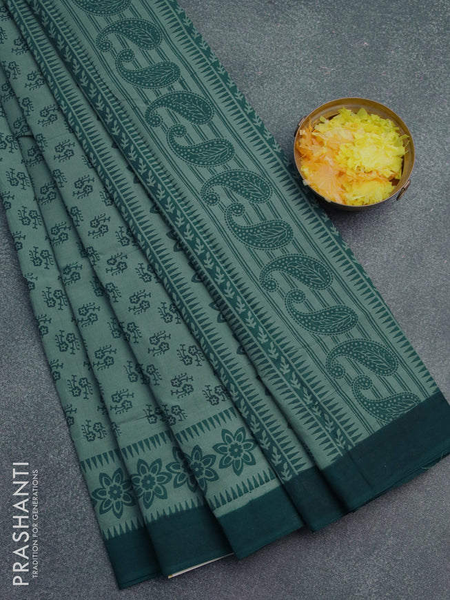 Sungudi cotton saree pastel green and dark green with butta prints and printed border without blouse
