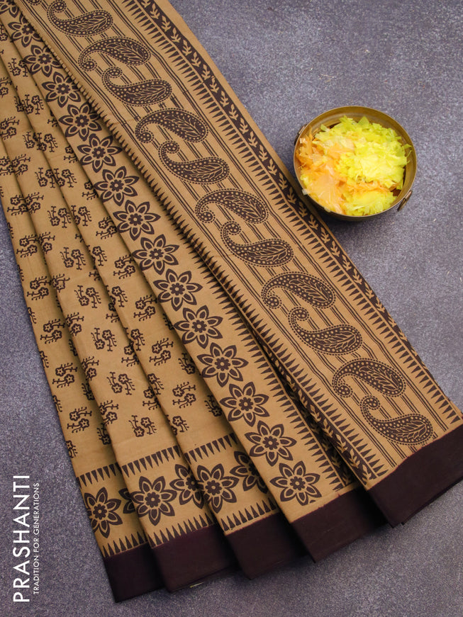 Sungudi cotton saree sandal and deep coffee brown with allover butta prints and printed border without blouse