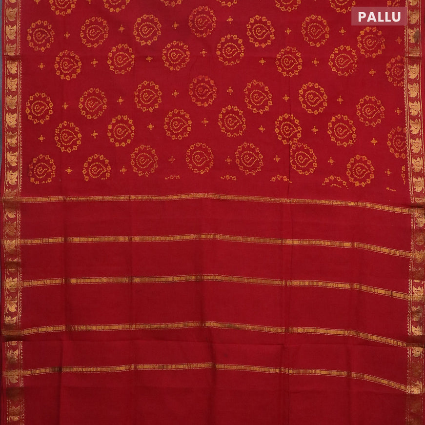 Sungudi cotton saree maroon with bandhani butta prints and floral printed zari border without blouse