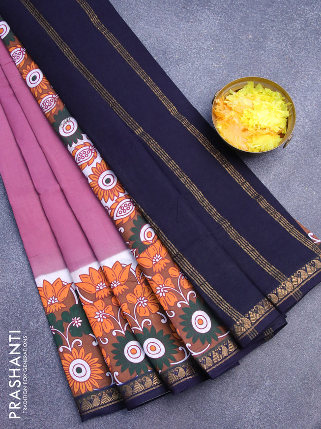 Sungudi cotton saree mauve pink and navy blue with plain body and floral printed zari border without blouse