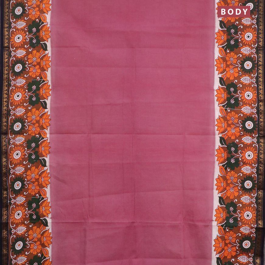 Sungudi cotton saree mauve pink and navy blue with plain body and floral printed zari border without blouse