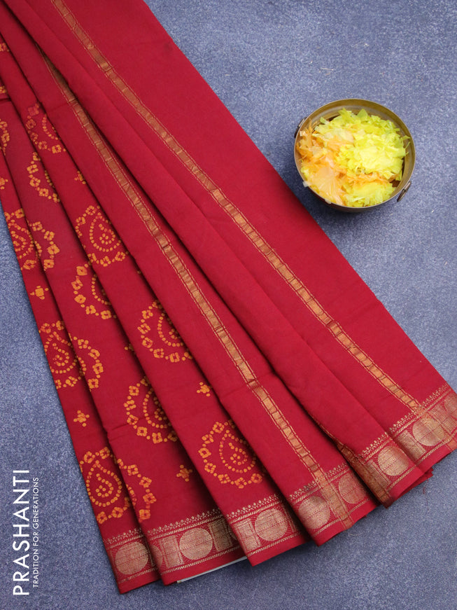 Sungudi cotton saree maroon with bandhani butta prints and floral printed zari border without blouse