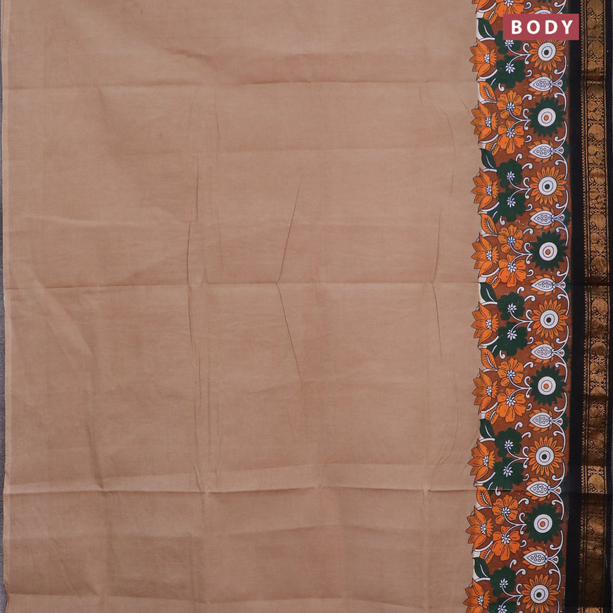 Sungudi cotton saree beige and black with plain body and floral printed zari border without blouse