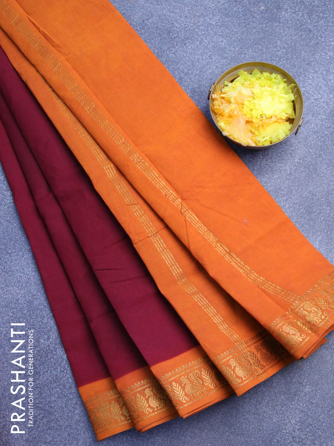 Sungudi cotton saree maroon and mustard yellow with plain body and annam zari woven border without blouse