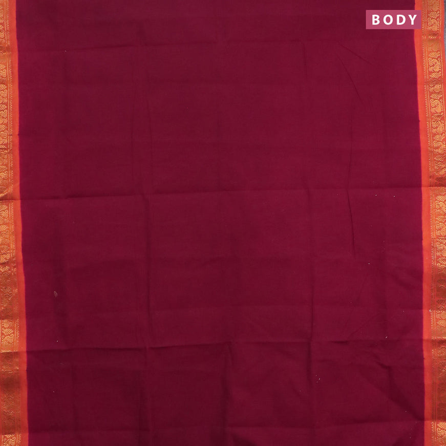Sungudi cotton saree maroon and mustard yellow with plain body and annam zari woven border without blouse