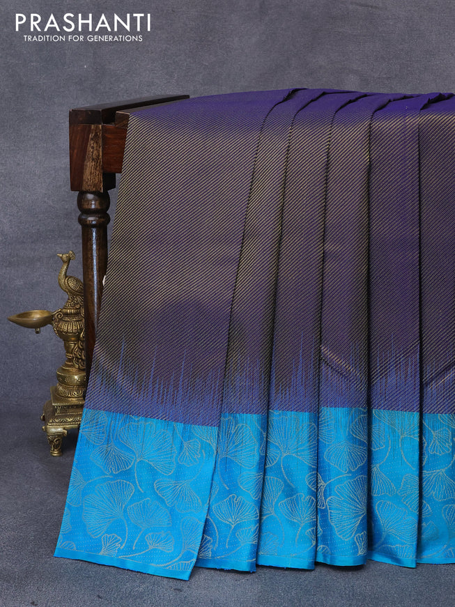 Pure soft silk saree navy blue and dual shade of teal bluish green with allover zari weaves and leaf design zari woven border