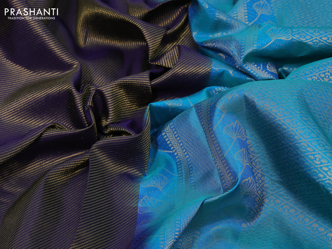 Pure soft silk saree navy blue and dual shade of teal bluish green with allover zari weaves and leaf design zari woven border