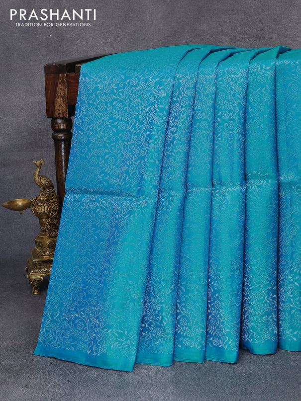 Pure soft silk saree dual shade of blue with allover silver zari woven broacde weaves in borderless style