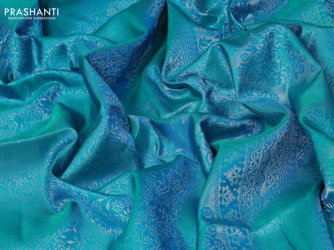 Pure soft silk saree dual shade of blue with allover silver zari woven broacde weaves in borderless style