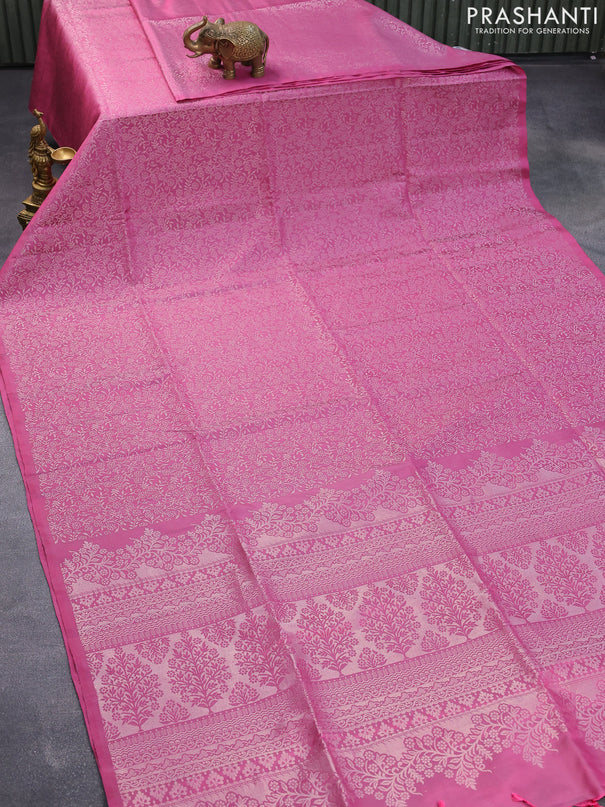 Pure soft silk saree pink shade with allover silver zari woven broacde weaves in borderless style
