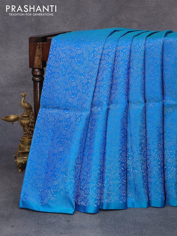 Pure soft silk saree dual shade of bluish green with allover silver zari woven broacde weaves in borderless style