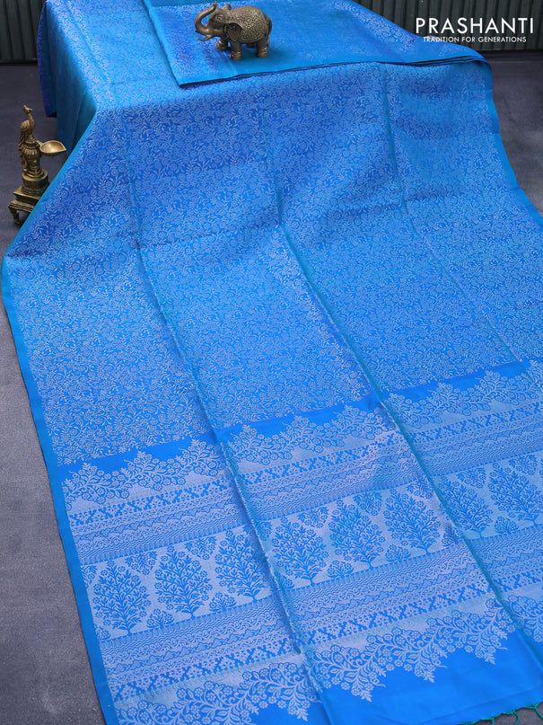 Pure soft silk saree dual shade of bluish green with allover silver zari woven broacde weaves in borderless style