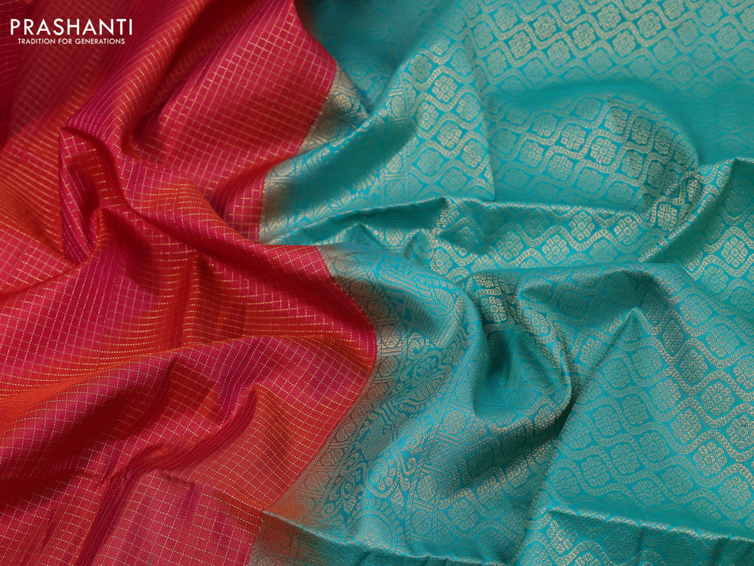 Pure soft silk saree dual shade of pinkish orange and teal blue with allover small zari checked pattern and rettapet zari woven border