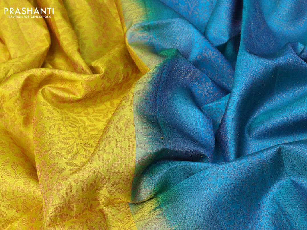 Pure soft silk saree lime yellow and teal blue with allover thread weaves in borderless style