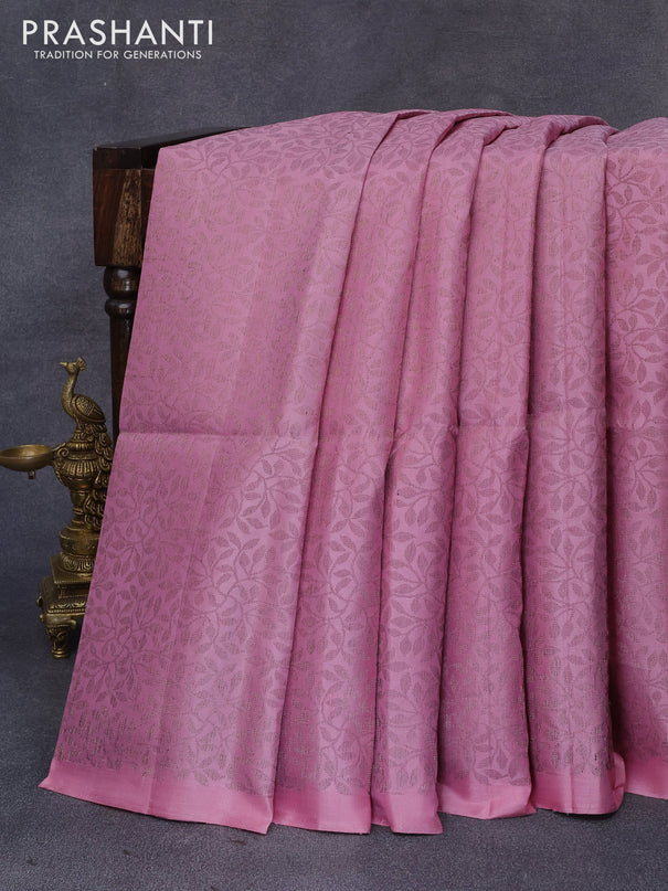 Pure soft silk saree pastel pink and green with allover thread weaves in borderless style