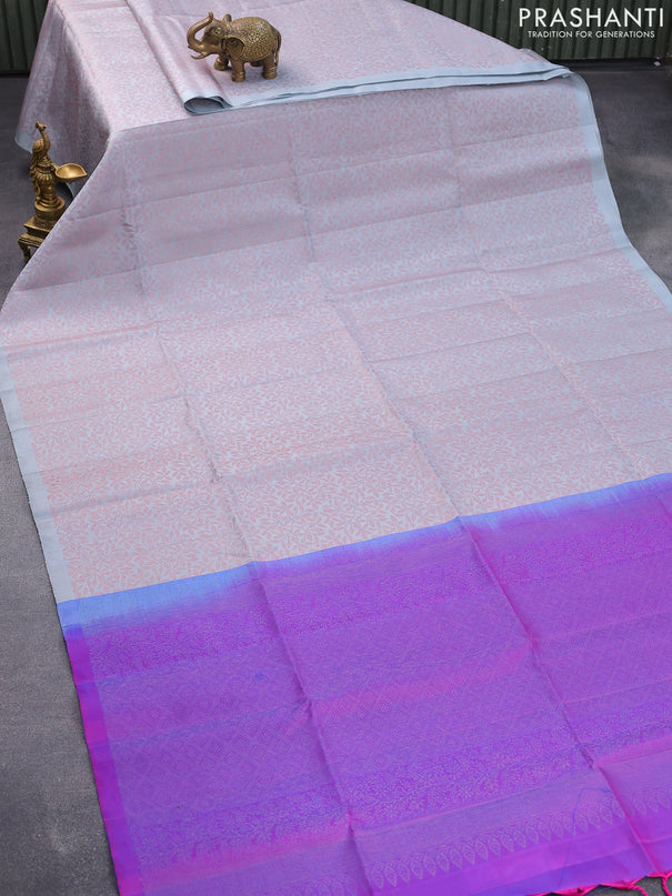 Pure soft silk saree pastel grey and dual shade of purple with allover thread weaves in borderless style