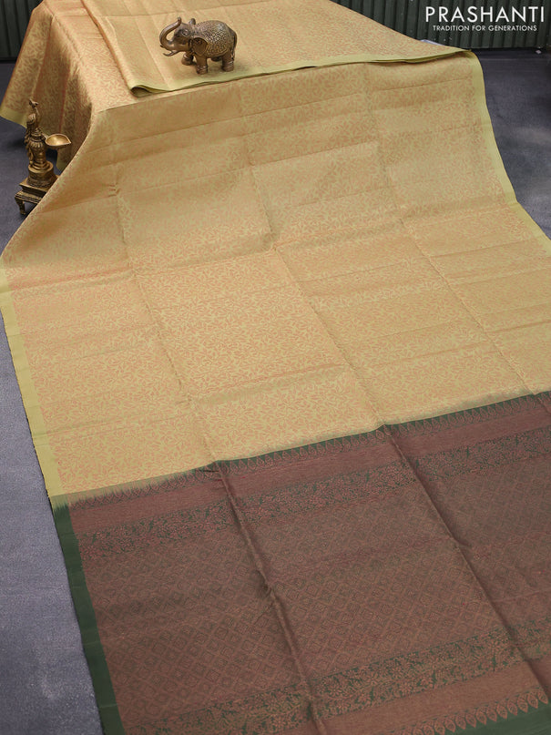 Pure soft silk saree sandal and dark sap green with allover thread weaves in borderless style