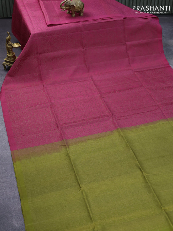 Pure soft silk saree dark pink and mehendi green with allover thread weaves in borderless style