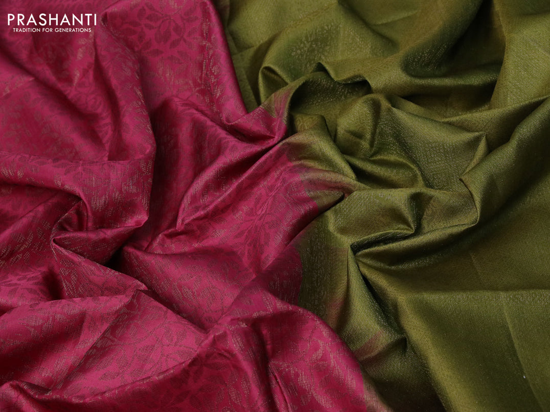 Pure soft silk saree dark pink and mehendi green with allover thread weaves in borderless style