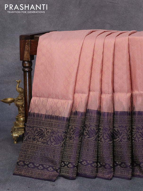Pure soft silk saree pastel pink and deep jamun shade with allover zari woven butta weaves and long zari woven border